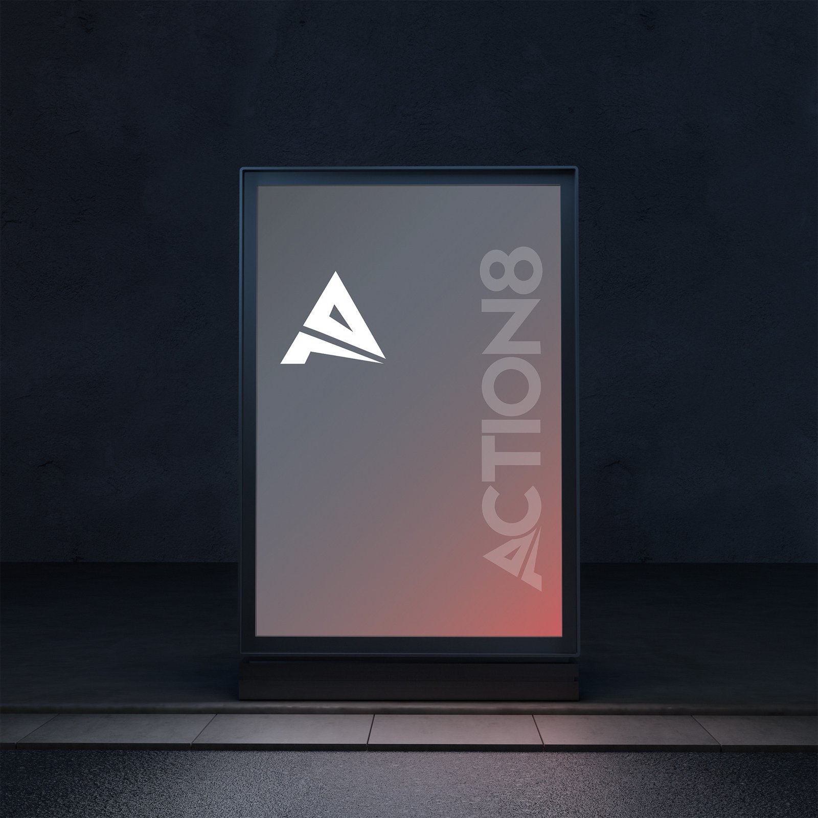 Action8 illuminated billboard with a sleek, modern design, showcasing the company logo and name.