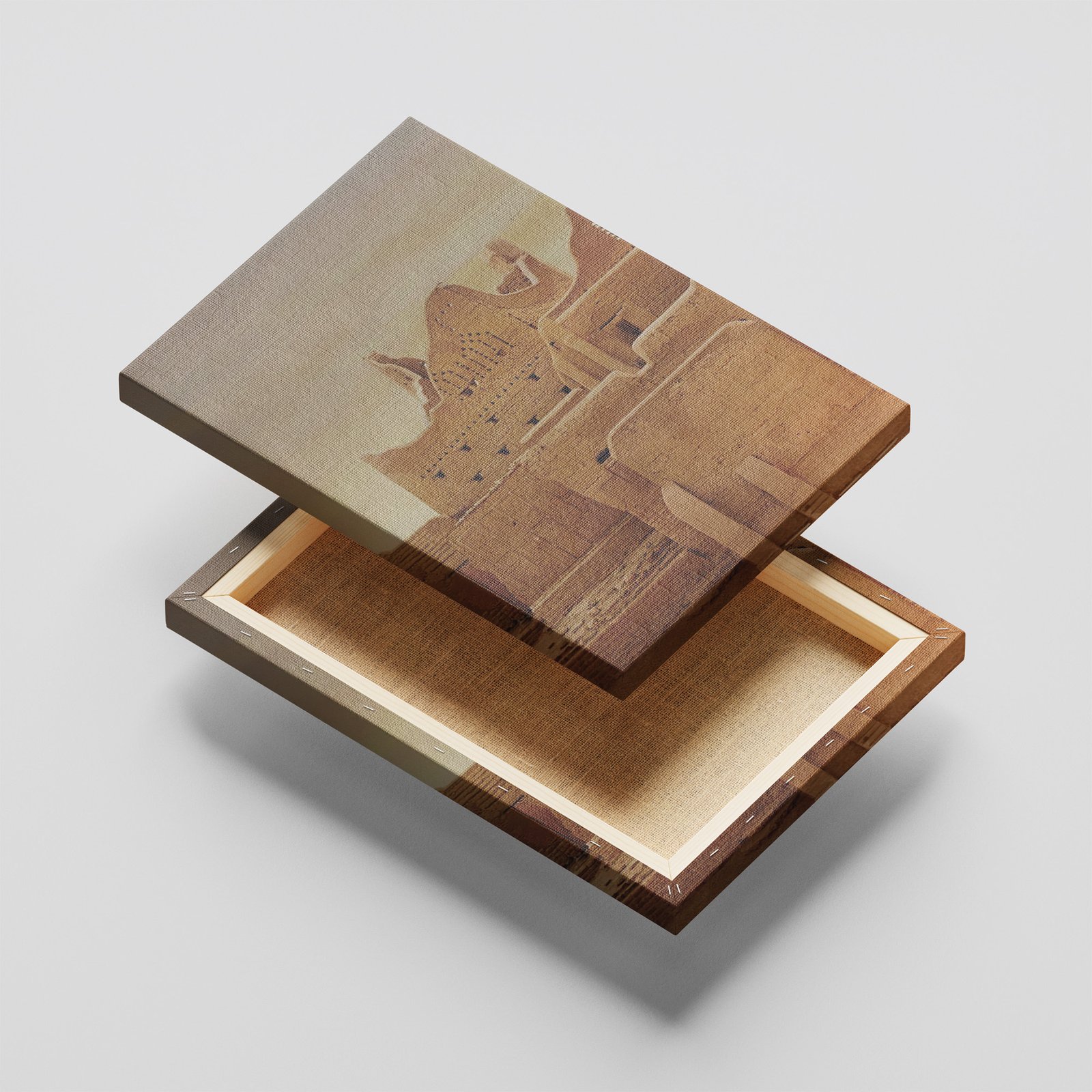 Wooden box with a printed design on the lid, featuring a faded desert-themed graphic.