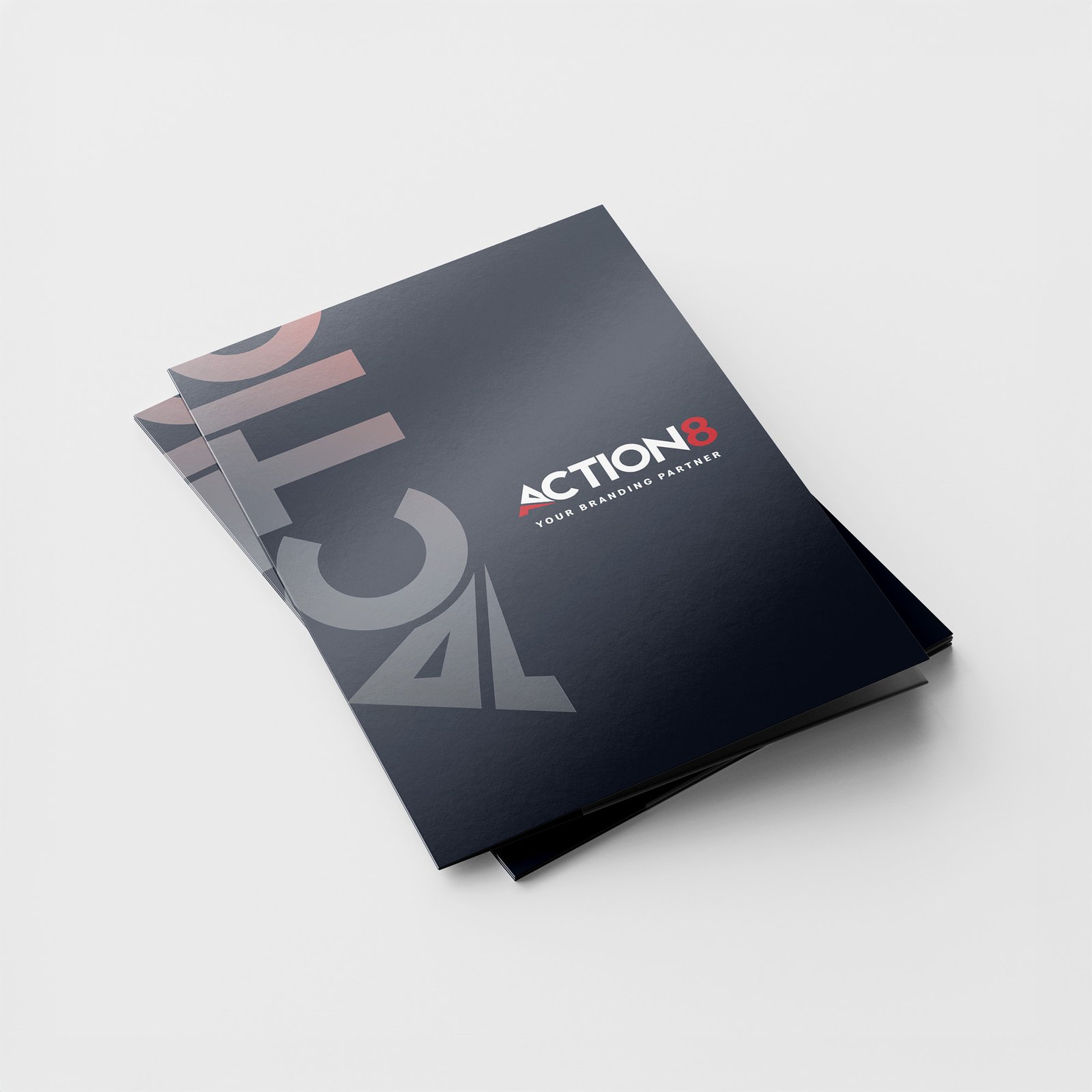 Stacked ACTION8 folders with bold logo and vertical branding for sleek corporate identity and presentation materials