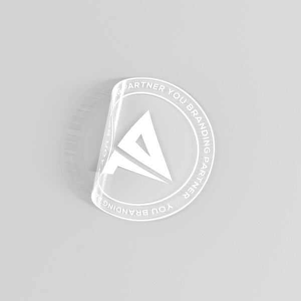 Action8 branded clear transparent sticker with logo and "Your Branding Partner" tagline.