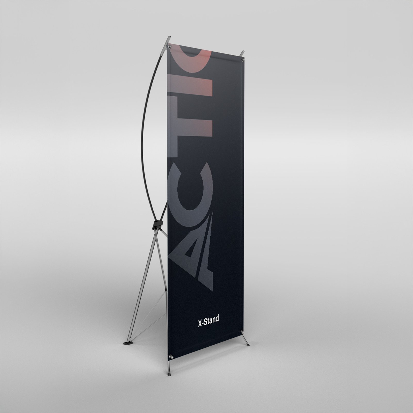 X-stand banner with the Action8 logo, ideal for events and exhibitions.