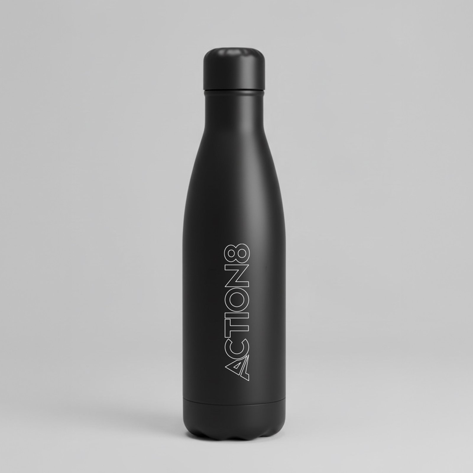 Black insulated water bottle with the Action8 logo printed vertically.