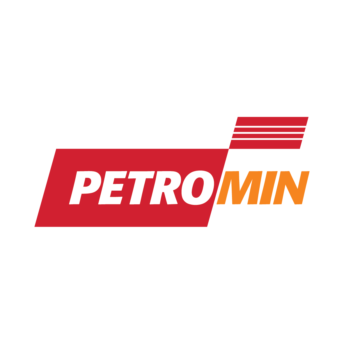 logo of petromin with bold white and orange text and red motion lines representing automotive speed and energy
