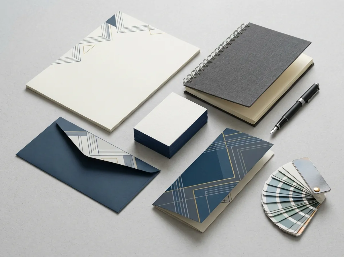 Business stationery printing: letterhead, envelope, business cards, brochure and notebook in navy and cream