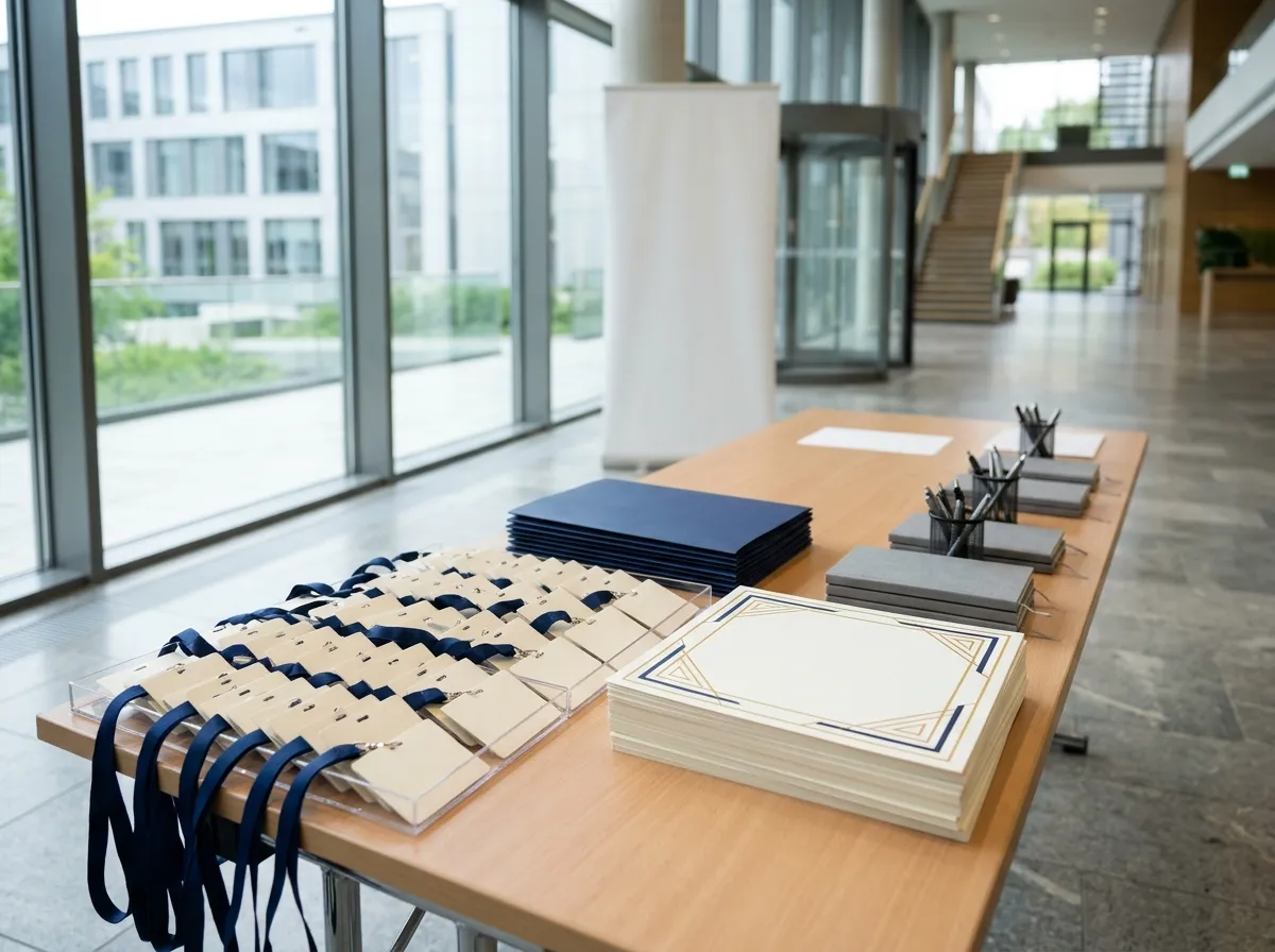 Conference registration table with delegate badges and lanyards, folders, certificates and notebooks