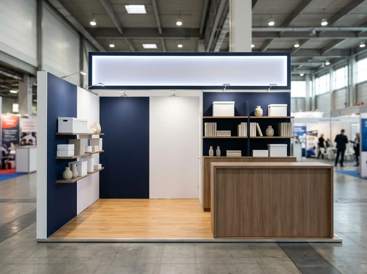 Custom exhibition booth with backlit fascia and wood counter for industry events, open days and contractor forums