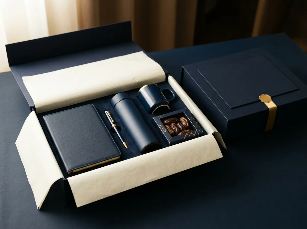 Navy VIP gift set with notebook, pen, flask, mug and dates box for hotel guests, delegations and corporate gifting in Madinah