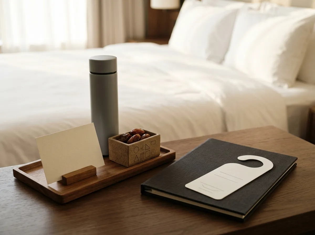 Hotel room desk with a door hanger, room information folder, welcome card, thermal bottle and a small dates box