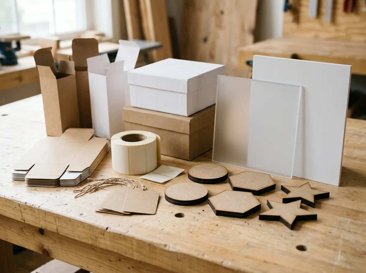 Custom packaging and fabrication: kraft and white boxes, labels, hang tags, acrylic sheet, Forex board and laser-cut MDF shapes