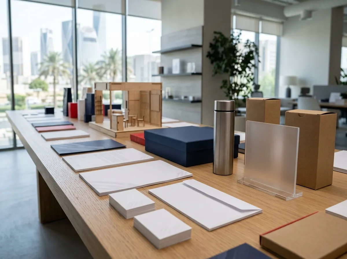 Printing and branding products for a Jeddah business: stationery, gift box, thermal bottle, acrylic sign and exhibition booth model on an office table