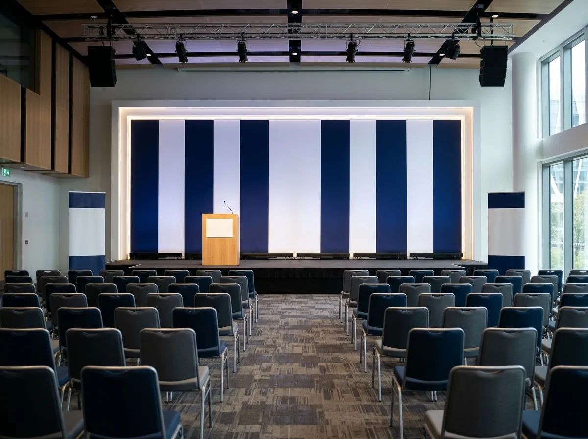 Conference hall with a navy and white stage backdrop, podium, roll-up banners and rows of chairs ready for a launch event