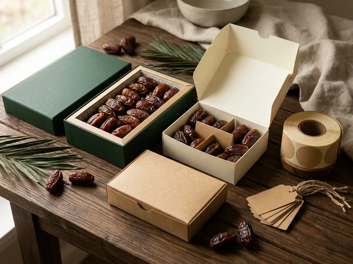 Premium dates gift boxes with inner trays, kraft and cream cartons, a roll of blank labels and hang tags for Madinah dates sellers