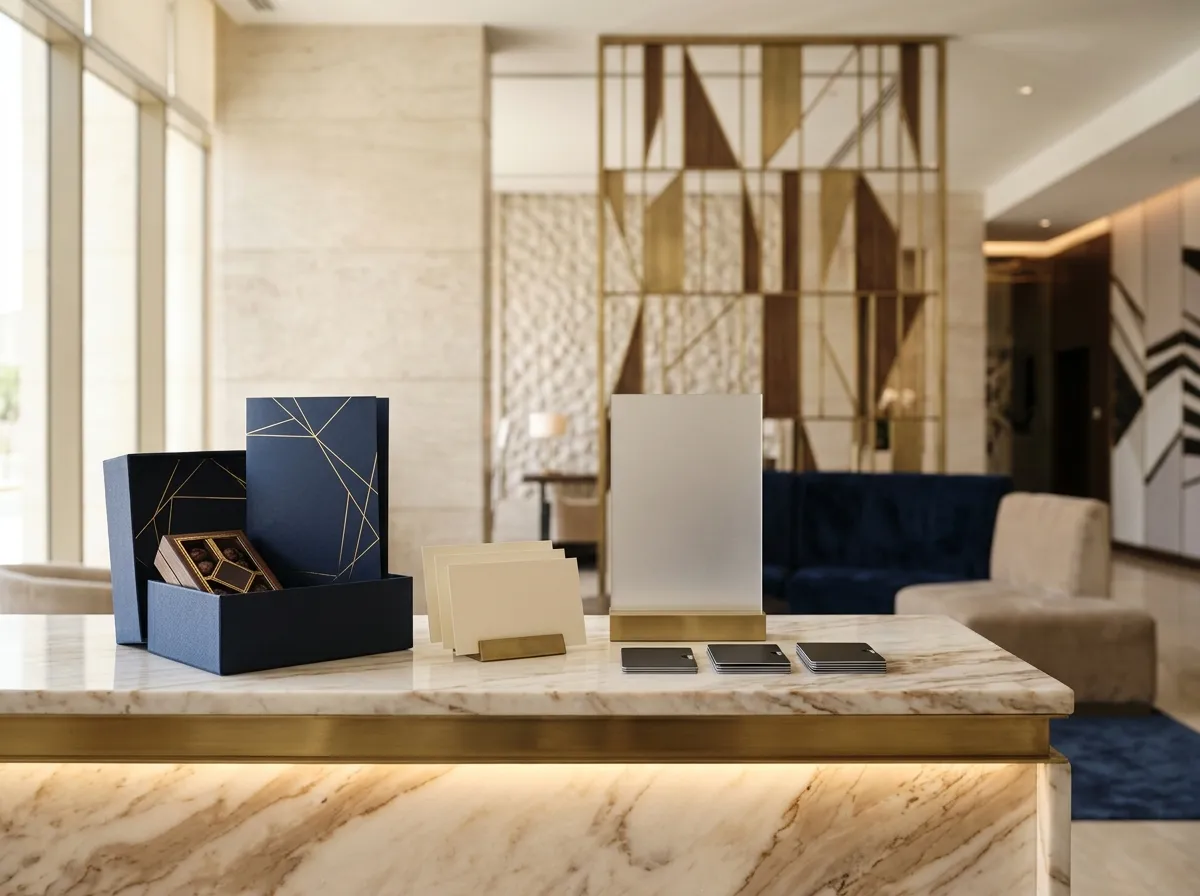 Hotel reception counter with welcome cards, key-card holders, an acrylic counter sign and a navy welcome gift box with dates for Makkah hotels