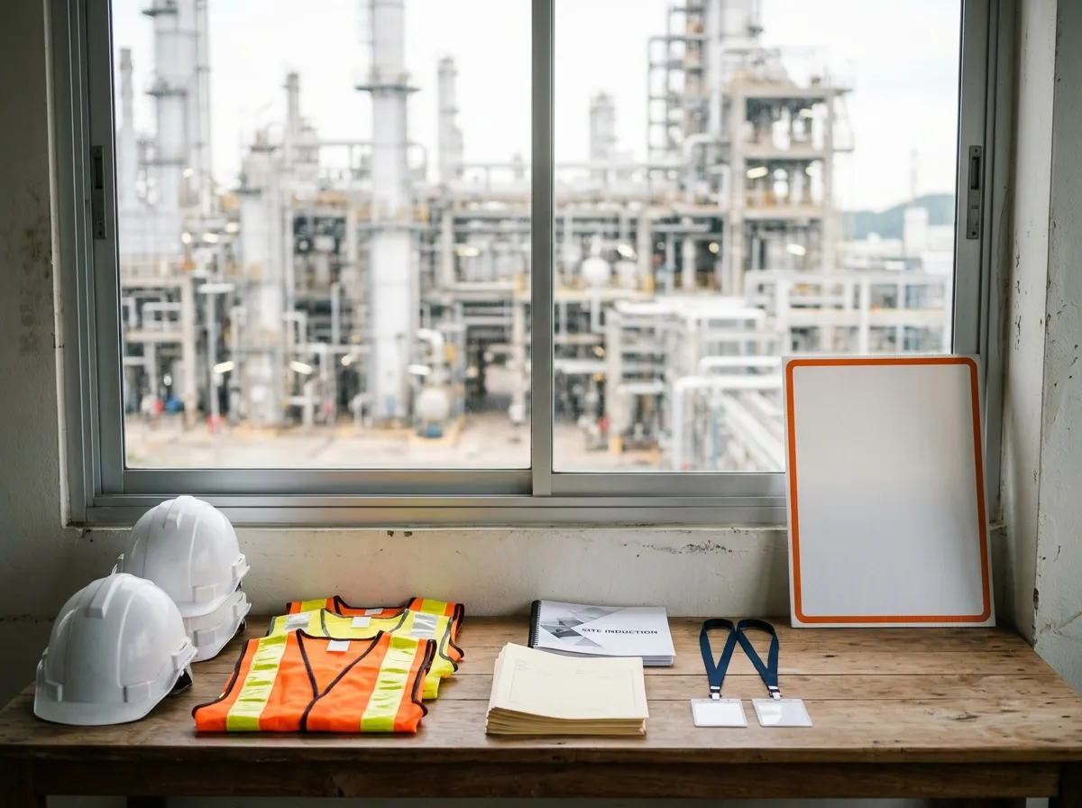 Site office table with safety helmets, hi-visibility vests, ID cards with lanyards, permit forms and a blank safety sign board, an industrial plant outside the window