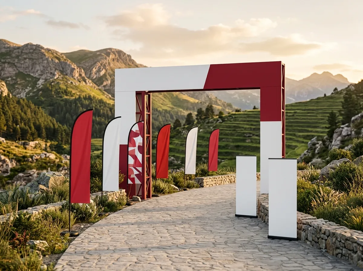 Fabricated festival entrance arch with feather banners and roll-up stands on a path in green mountain surroundings, as used for Taif season events