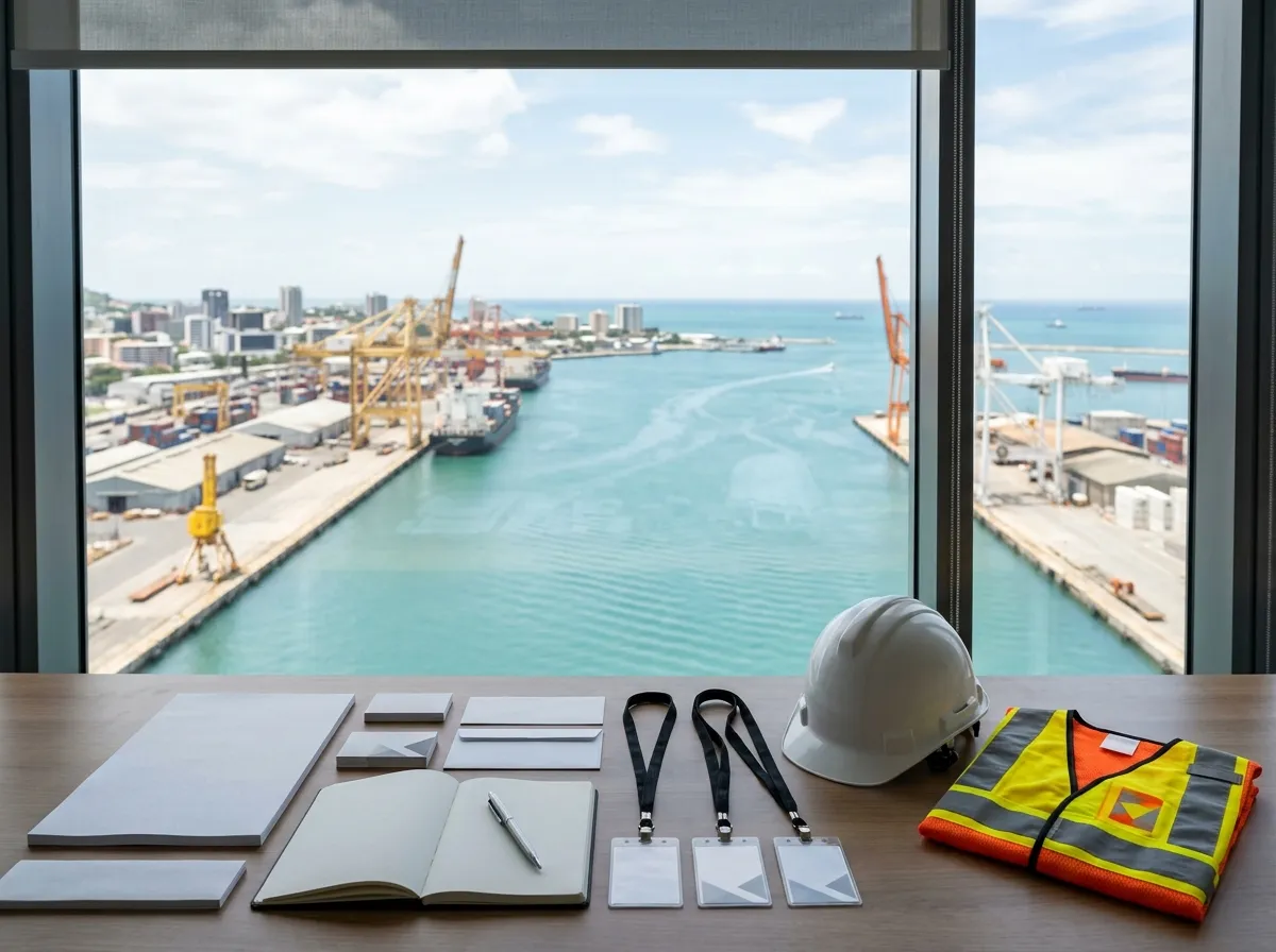 Desk with business stationery, ID cards with lanyards, a safety helmet and hi-visibility vest, with port cranes and the sea outside the window