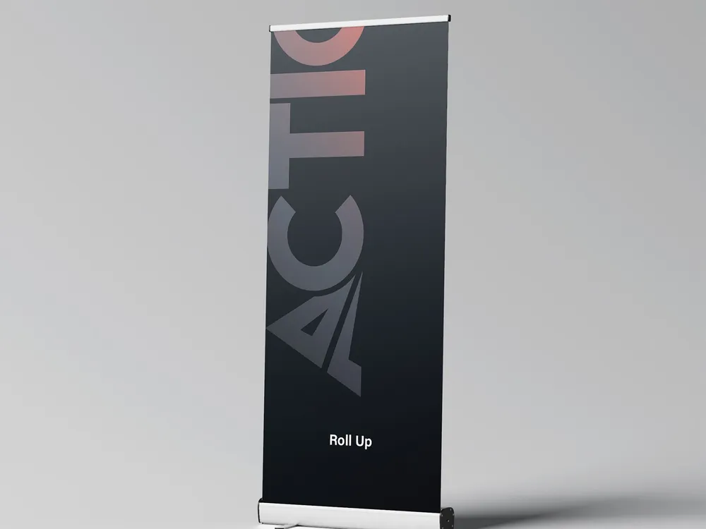 Retractable roll-up banner stand with a printed graphic