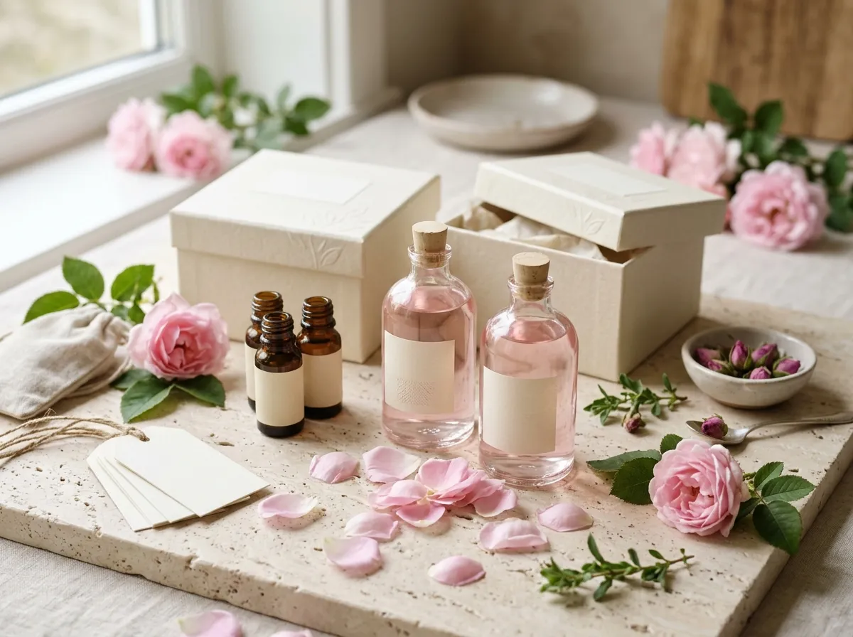 Rose water bottles and amber vials with blank labels, rigid gift boxes and hang tags among fresh damask roses
