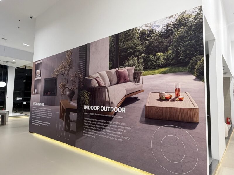 Close-up of UV printing on showroom branding materials in Jeddah