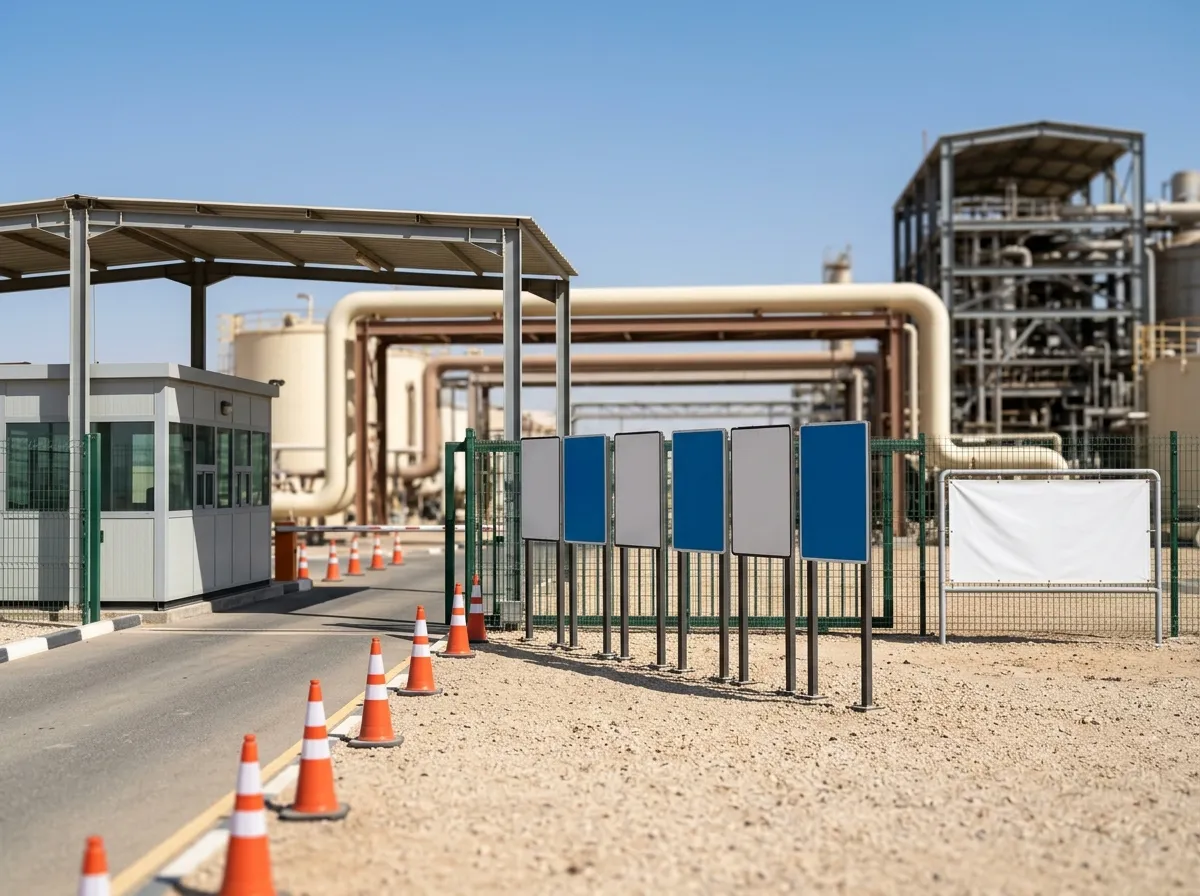 Industrial site entrance with rigid sign boards on posts, a banner on the fence, traffic cones and a security cabin