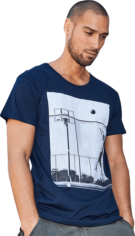 Male Model Wearing Navy Blue Custom T-Shirt Printing Services